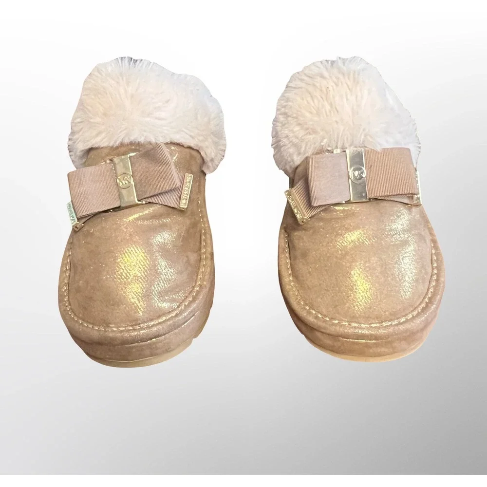 GUC Michael Kors Grace Bow Faux Fur Lined Mule Slippers Girls Size 1